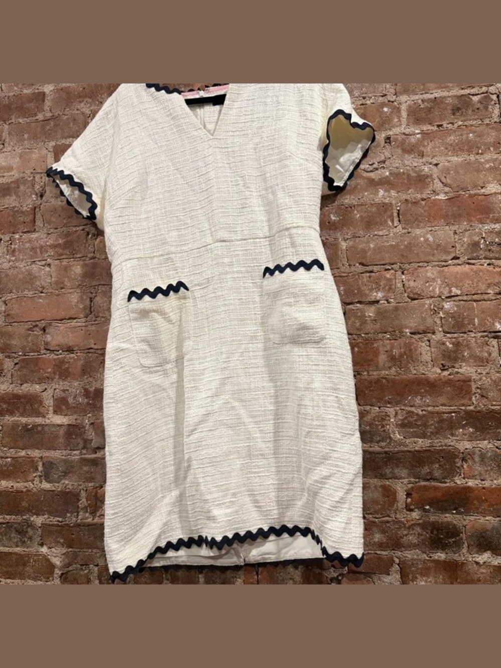 J.Crew White Textured Tweed Sheath Dress Navy Ric Rac Trim Short Sleeve Size 14